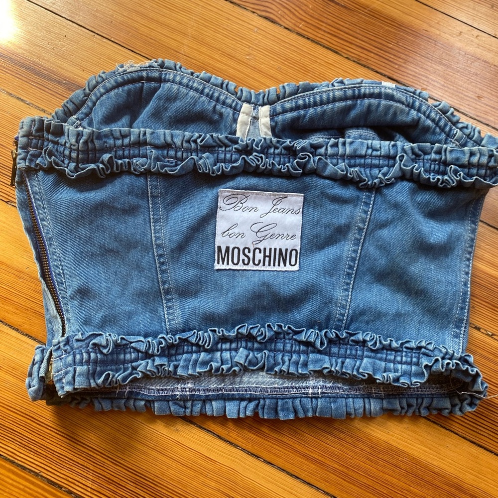 Vintage y2k Moschino Jeans Denim Ruffle Strapless Bustier Top